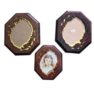 Vintage Faux Wood Frames Photo Frame Cutout Gold Inlay Design MCM Deco Set of 3